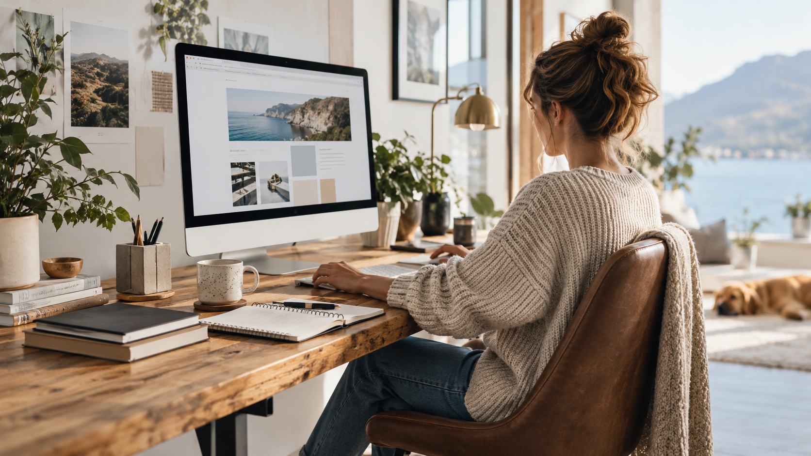 A woman working on a website layout at a large monitor on a wooden desk in a sunlit room.